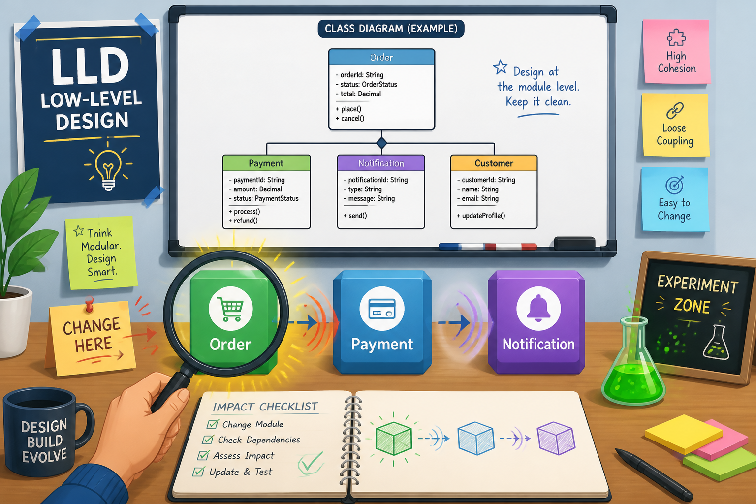 LLD attention activity illustration showing modules, class diagram, and change impact